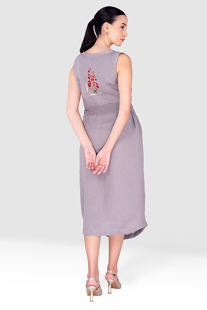 Fossil Grey Linen Thread Embossed Embroidered Flared Summer Dress by Kaveri at Pernia's Pop Up Shop