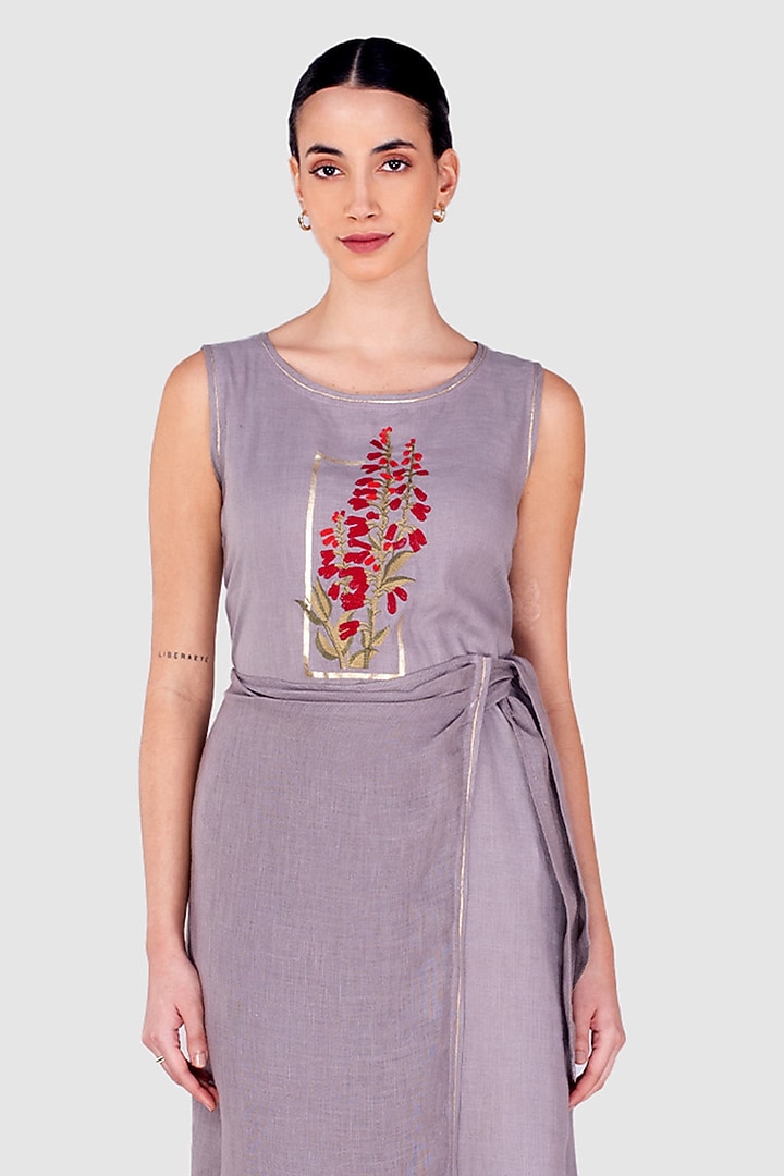 Fossil Grey Linen Thread Embossed Embroidered Flared Summer Dress by Kaveri at Pernia's Pop Up Shop