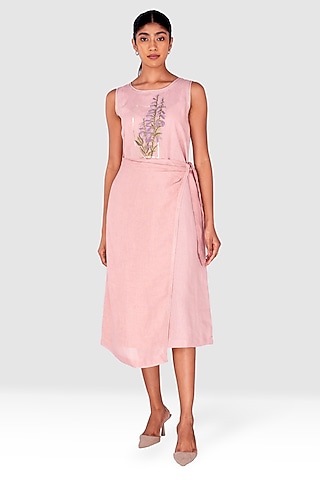 Blush Grey Linen Thread Embossed Embroidered Flared Dress by Kaveri