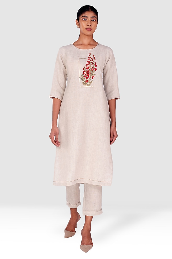 Natural Beige Linen Thread Embossed Embroidered Kurta Set by Kaveri at Pernia's Pop Up Shop