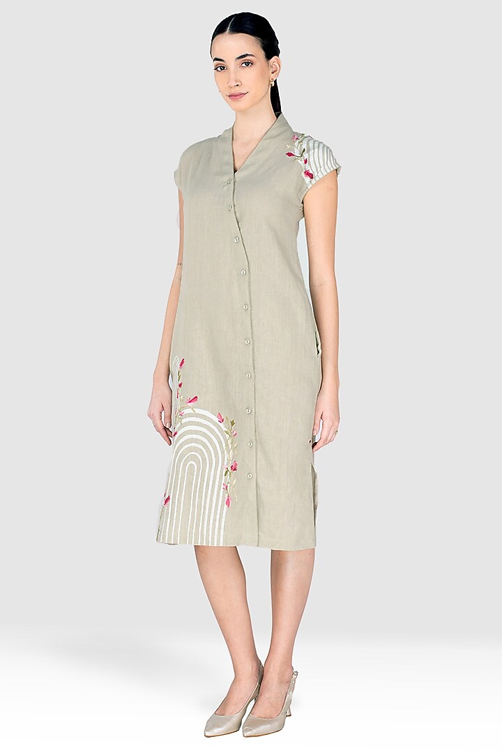 Sage Green Linen Handscreen Printed & Thread Embroidered Dress by Kaveri at Pernia's Pop Up Shop