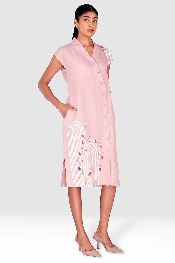 Blush Pink Linen Handscreen Printed & Thread Embroidered Dress by Kaveri at Pernia's Pop Up Shop