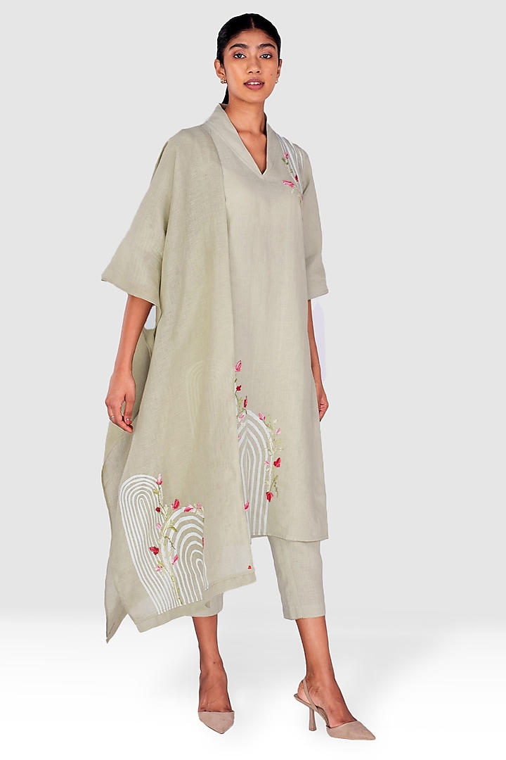 Sage Green Linen Handscreen Printed & Thread Embroidered Kurta Set by Kaveri at Pernia's Pop Up Shop