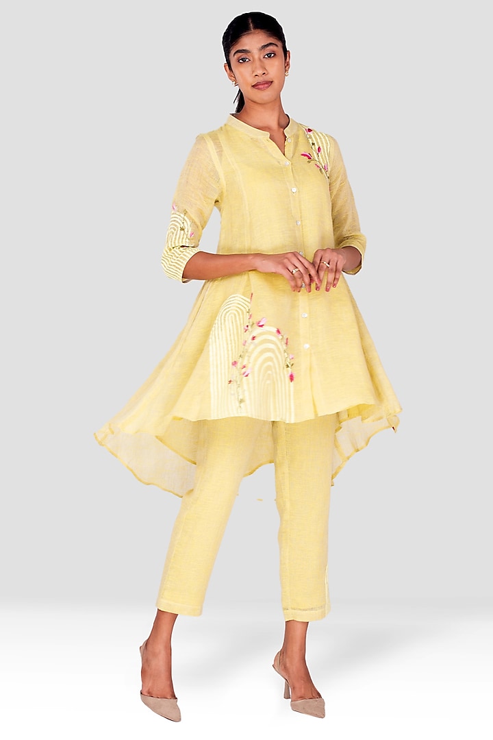 Canary Yellow Linen Handscreen Printed & Thread Embroidered Co-Ord Set by Kaveri at Pernia's Pop Up Shop