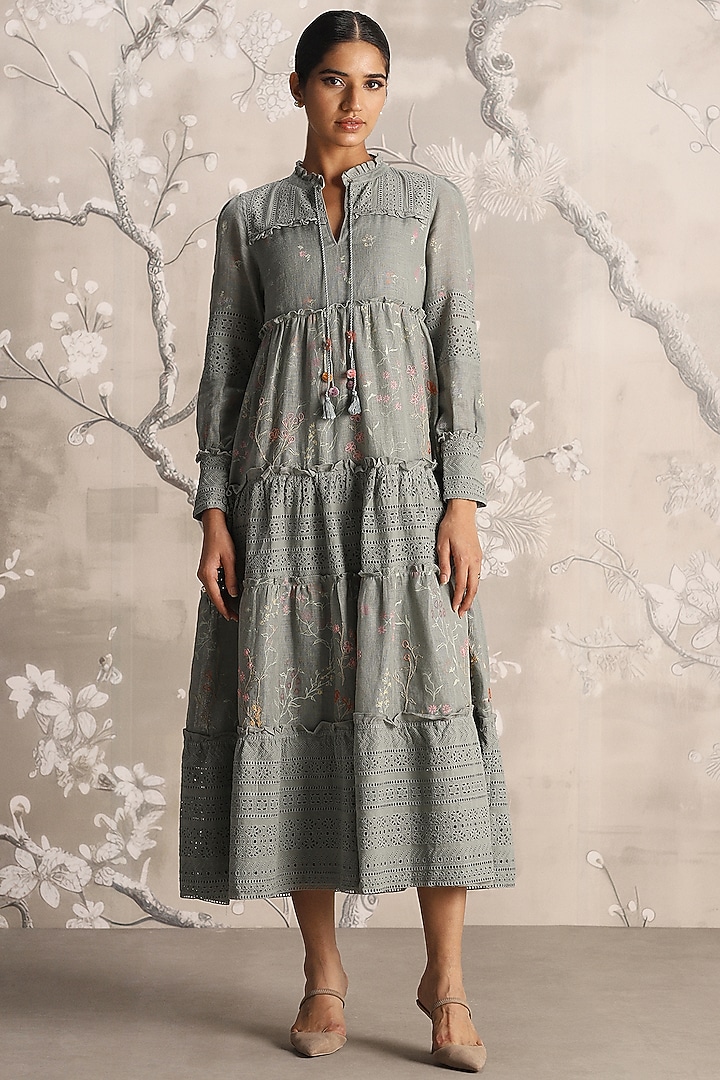 Jade Green Linen Hand Screen Printed Maxi Vacation Dress by Kaveri at Pernia's Pop Up Shop