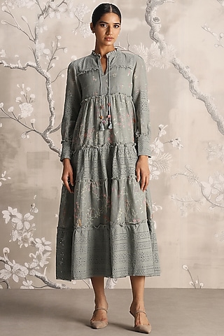 Jade Green Linen Hand Screen Printed Maxi Dress by Kaveri