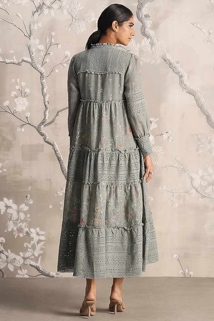 Jade Green Linen Hand Screen Printed Maxi Vacation Dress by Kaveri at Pernia's Pop Up Shop