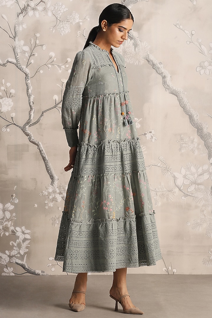 Jade Green Linen Hand Screen Printed Maxi Vacation Dress by Kaveri at Pernia's Pop Up Shop