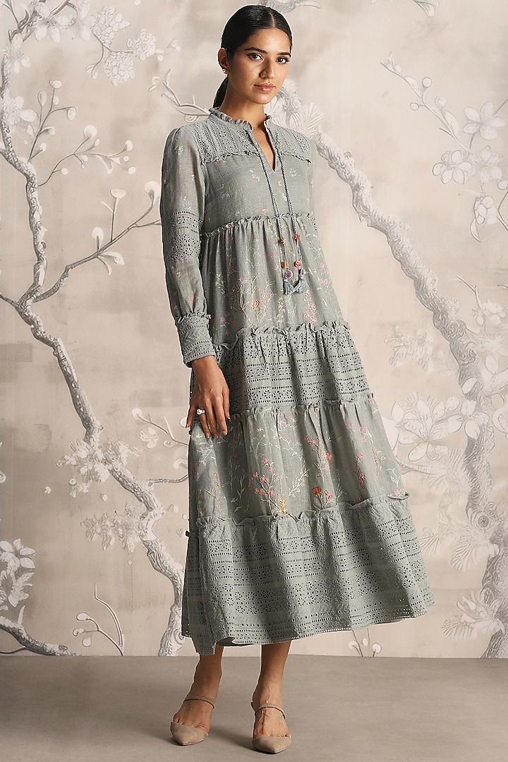 Jade Green Linen Hand Screen Printed Maxi Vacation Dress by Kaveri at Pernia's Pop Up Shop