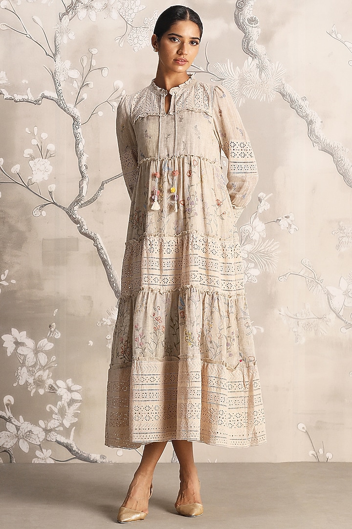 Sand-Colored Linen Hand Screen Printed Maxi Vacation Dress by Kaveri at Pernia's Pop Up Shop