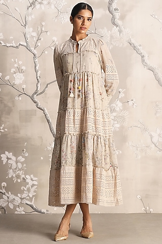 Sand-Colored Linen Hand Screen Printed Maxi Dress by Kaveri