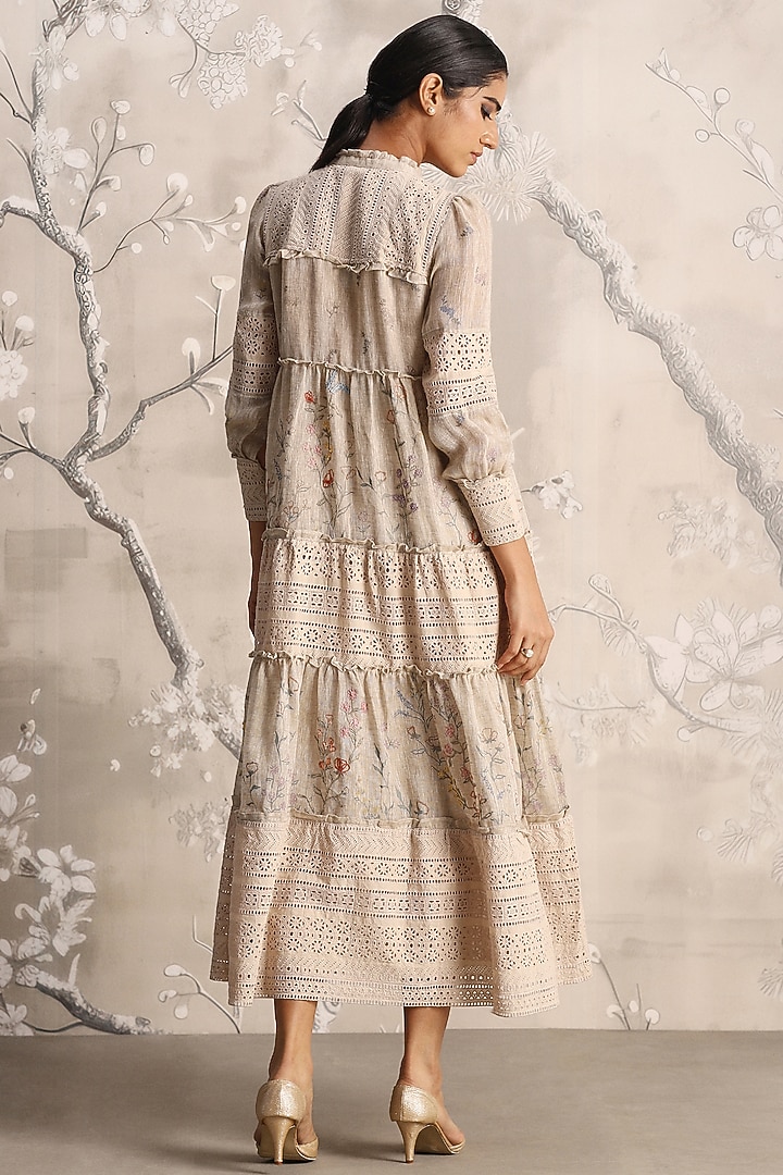 Sand-Colored Linen Hand Screen Printed Maxi Vacation Dress by Kaveri at Pernia's Pop Up Shop