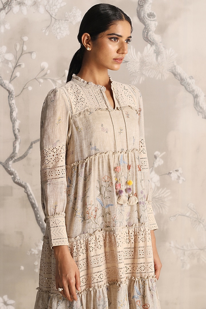 Sand-Colored Linen Hand Screen Printed Maxi Vacation Dress by Kaveri at Pernia's Pop Up Shop