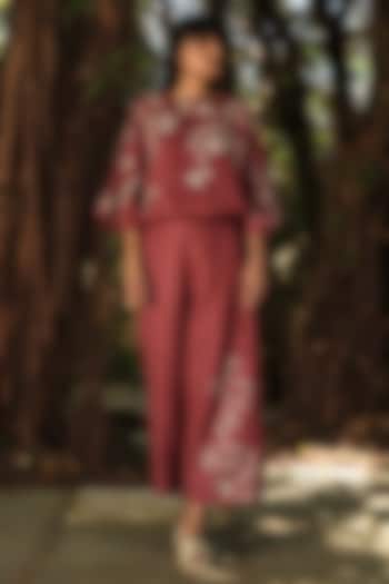 Merlot Linen Blend Floral Printed Co-Ord Set by Kaveri at Pernia's Pop Up Shop