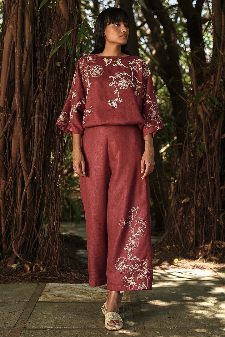 Merlot Linen Blend Floral Printed Tie-Up Top by Kaveri at Pernia's Pop Up Shop