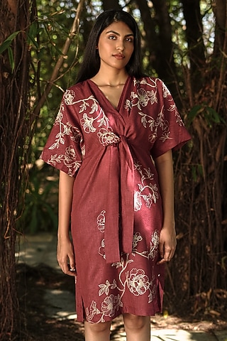 Merlot Linen Blend Floral Printed Dress by Kaveri