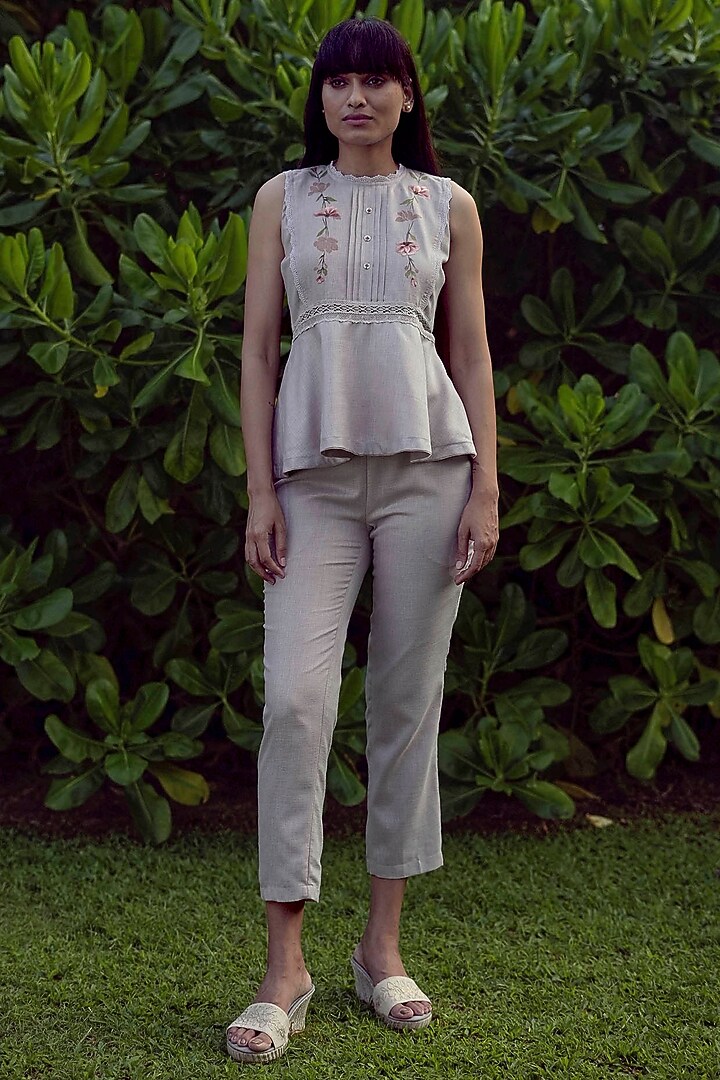 Mauve Linen Blend Floral Printed Peplum Top by Kaveri at Pernia's Pop Up Shop