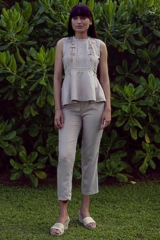 Mauve Linen Blend Floral Printed Peplum Top by Kaveri