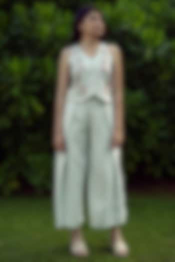 Bonny Green Linen Blend Floral Printed Waistcoat by Kaveri at Pernia's Pop Up Shop