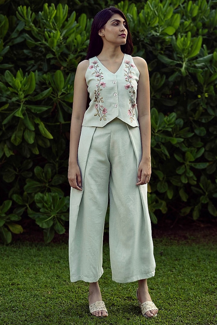Bonny Green Linen Blend Floral Printed Waistcoat by Kaveri at Pernia's Pop Up Shop