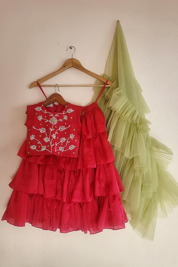 Fuchsia Silk Layered Lehenga Set For Girls by YMKids at Pernia's Pop Up Shop