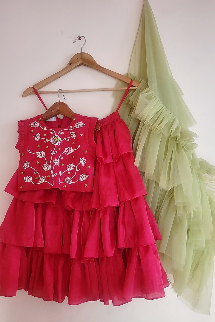 Fuchsia Silk Layered Lehenga Set For Girls by YMKids at Pernia's Pop Up Shop