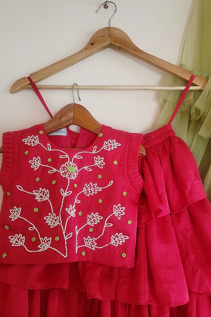 Fuchsia Silk Layered Lehenga Set For Girls by YMKids at Pernia's Pop Up Shop