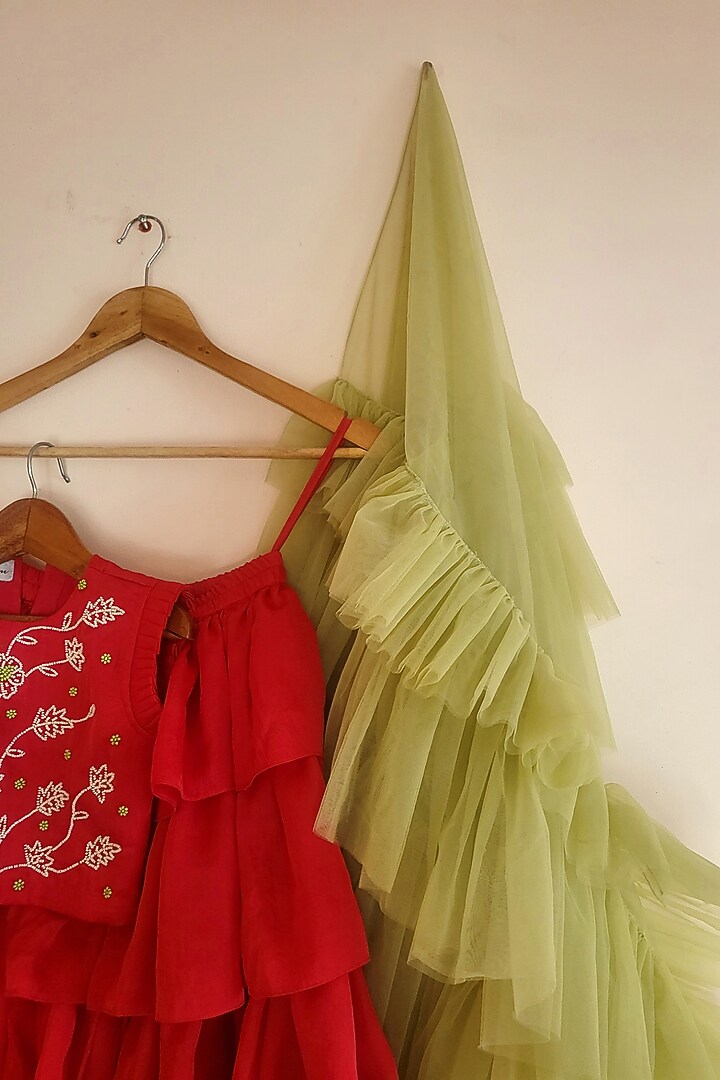 Fuchsia Silk Layered Lehenga Set For Girls by YMKids at Pernia's Pop Up Shop