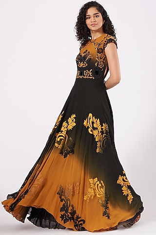 Mustard & Acid Black Embroidered Gown by Kartikeya