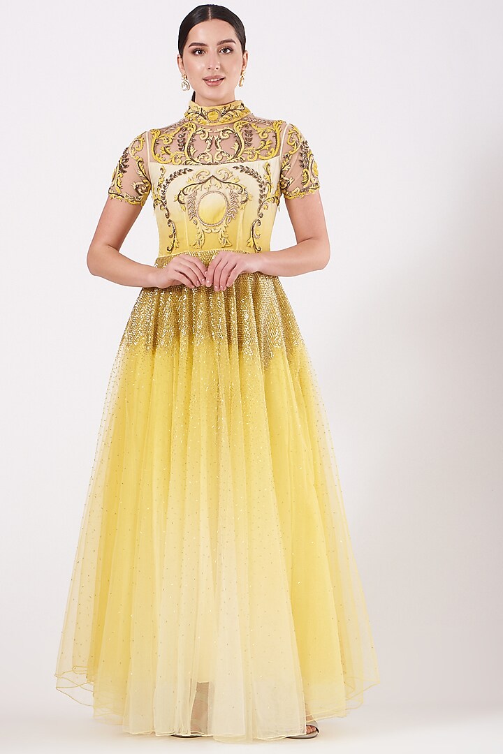 Soft Yellow & Off-White Embroidered Gown by Kartikeya