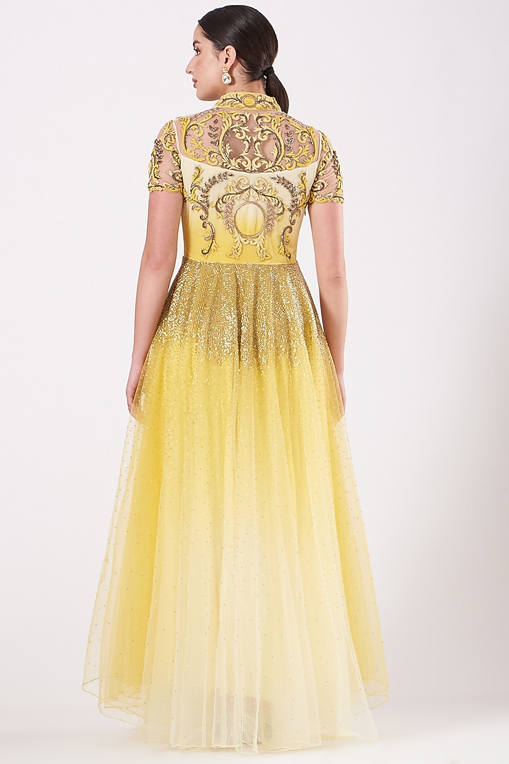 Soft Yellow & Off-White Embroidered Wedding Gown by Kartikeya at Pernia's Pop Up Shop