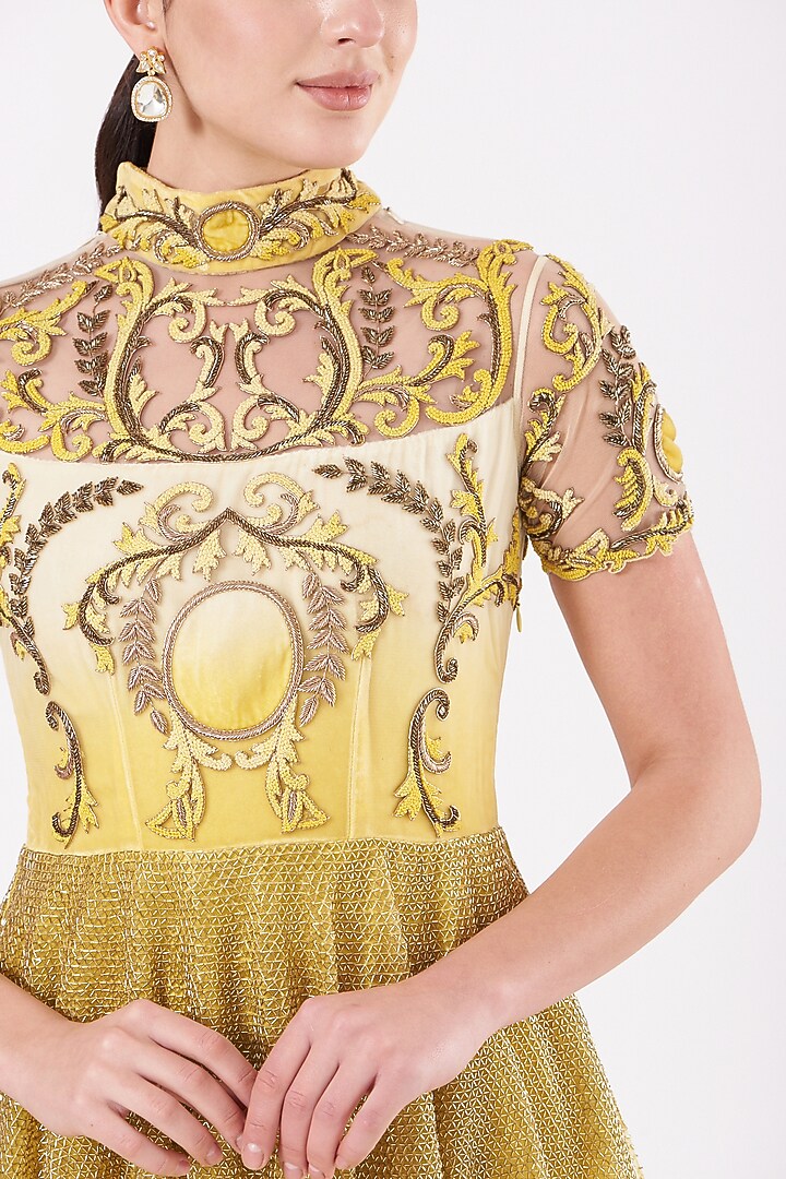 Soft Yellow & Off-White Embroidered Wedding Gown by Kartikeya at Pernia's Pop Up Shop