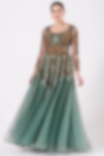 Mint Blue Embroidered Gown by Kartikeya