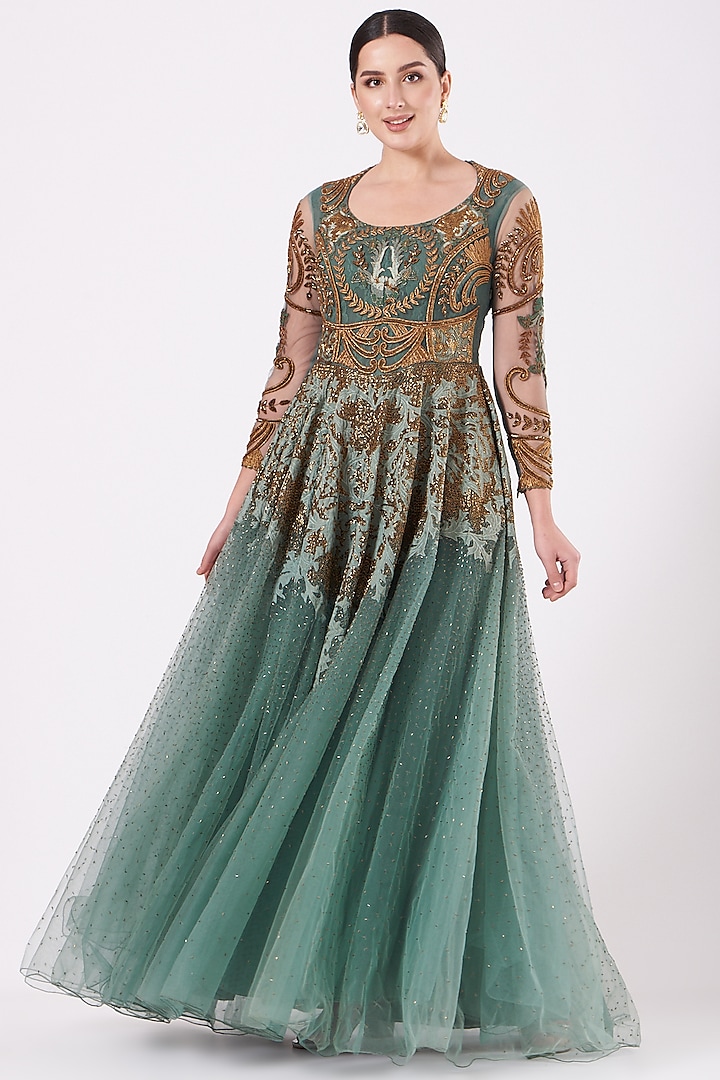 Mint Blue Embroidered Gown by Kartikeya