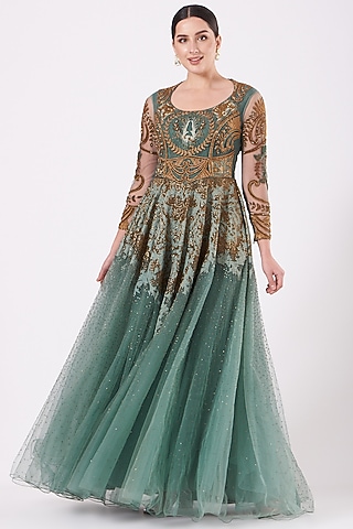 Mint Blue Embroidered Gown by Kartikeya