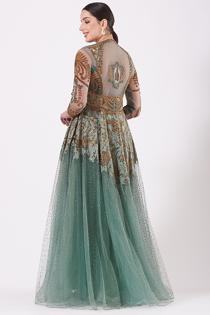 Mint Blue Embroidered Bridal Gown by Kartikeya at Pernia's Pop Up Shop