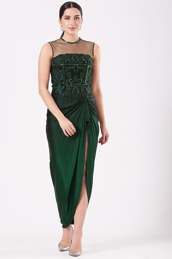 Deep Emerald Green Embroidered Gown by Kartikeya at Pernia's Pop Up Shop