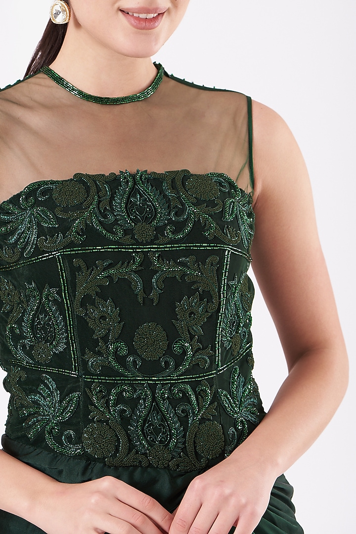 Deep Emerald Green Embroidered Engagement Gown by Kartikeya at Pernia's Pop Up Shop