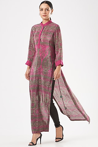 Fuschia Pink Crepe Printed Tunic by Kartikeya
