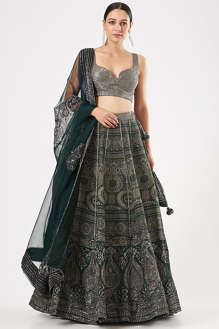 Bottle Green Embroidered Lehenga Set by Kartikeya