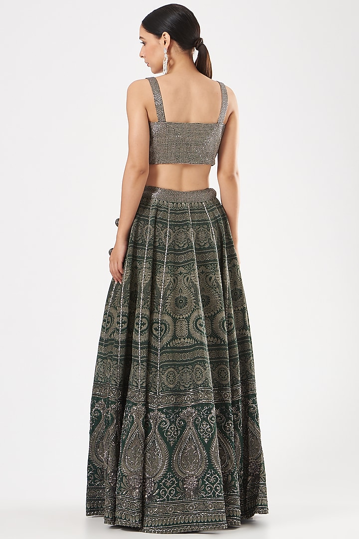 Bottle Green Embroidered Bridal Lehenga Set by Kartikeya at Pernia's Pop Up Shop