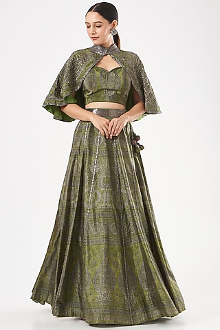 Green Silk Embroidered Lehenga Set by Kartikeya