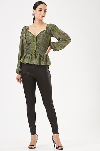 Green Crepe Printed Peplum Top by Kartikeya