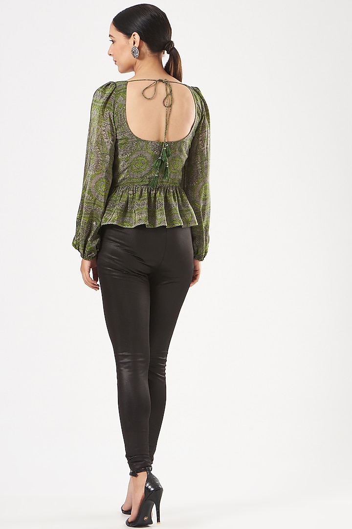 Green Crepe Printed Peplum Top by Kartikeya at Pernia's Pop Up Shop