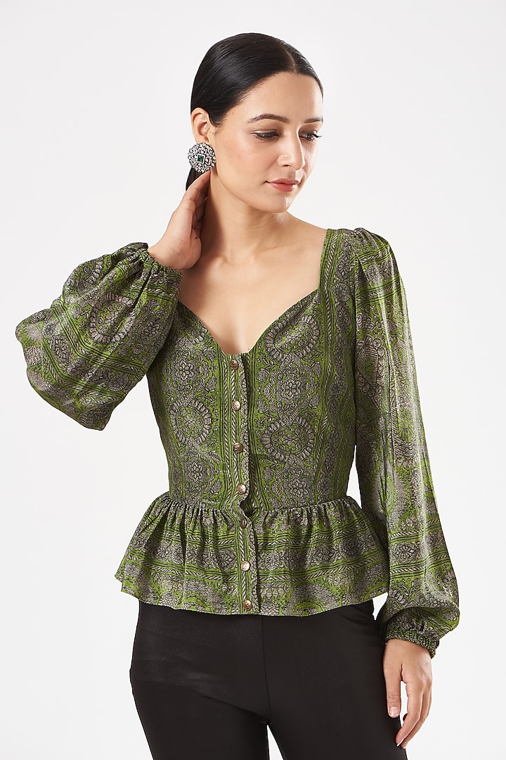 Green Crepe Printed Peplum Top by Kartikeya at Pernia's Pop Up Shop