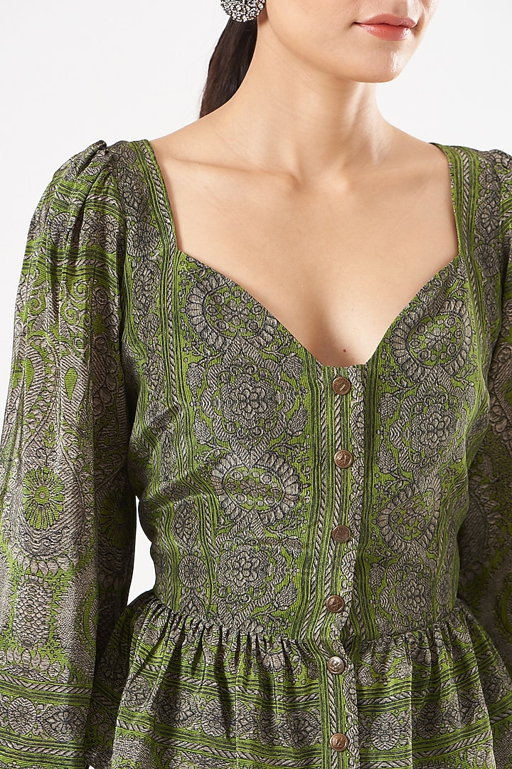 Green Crepe Printed Peplum Top by Kartikeya at Pernia's Pop Up Shop