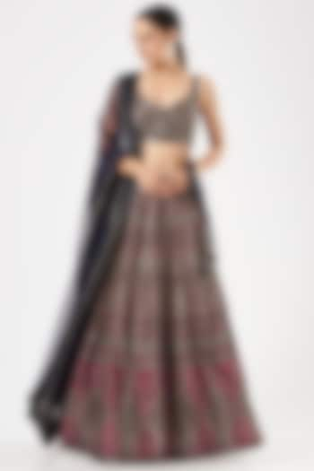 Maroon Digital Printed Lehenga Set by Kartikeya