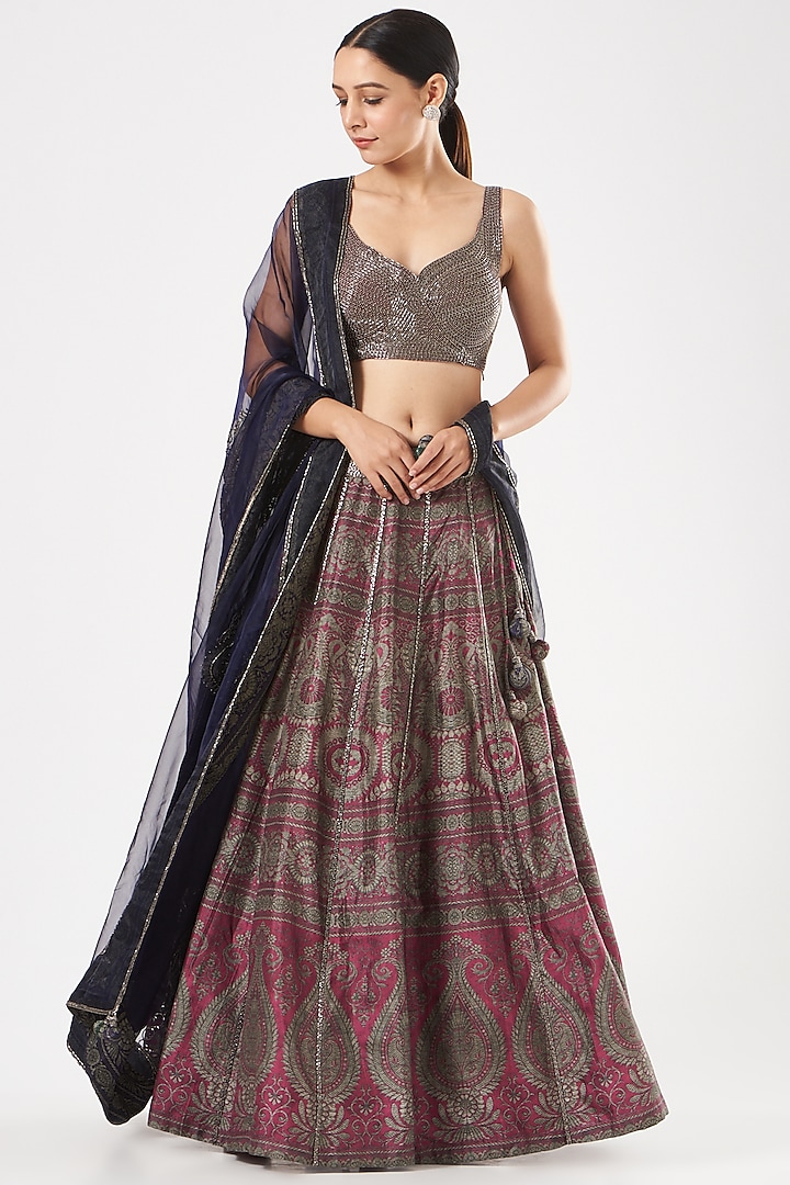 Maroon Digital Printed Lehenga Set by Kartikeya