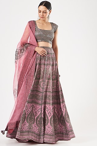 Blush Pink Digital Printed Lehenga Set by Kartikeya