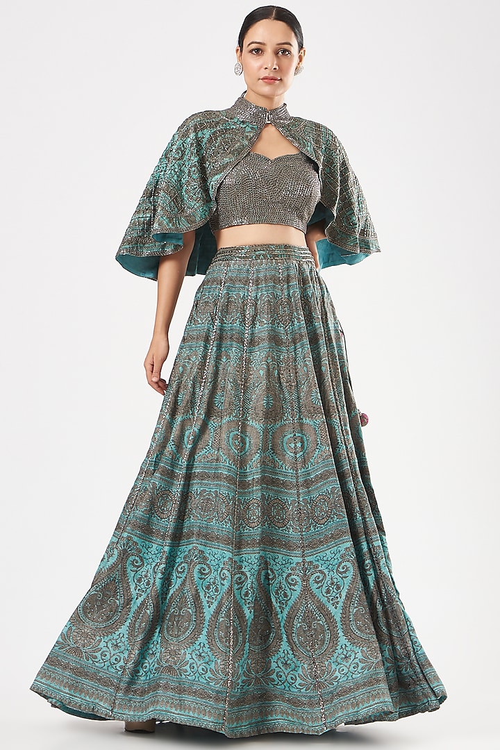 Turquoise Embroidered Lehenga Set by Kartikeya